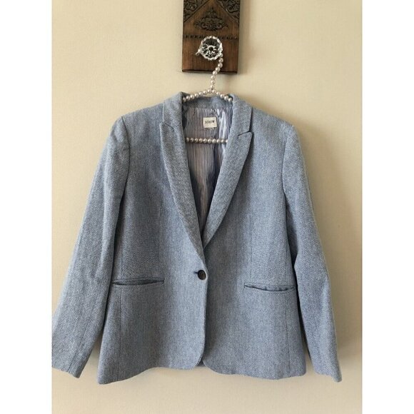 JCrew Womens Size 6 Herringbone Blazer One Button Blue White Linen Blend - Picture 1 of 8
